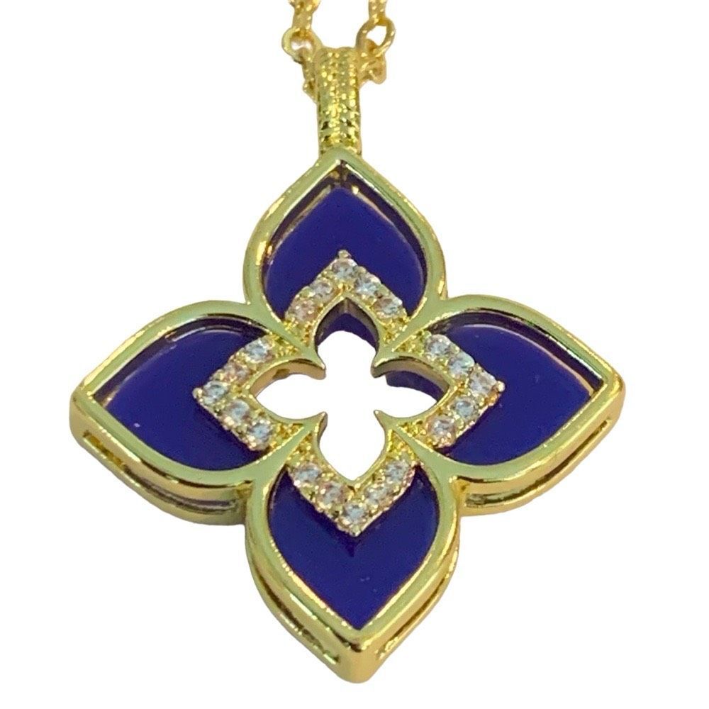 Blue Enamel Quatrefoil Flower Pendant Necklace with Crystal Accents